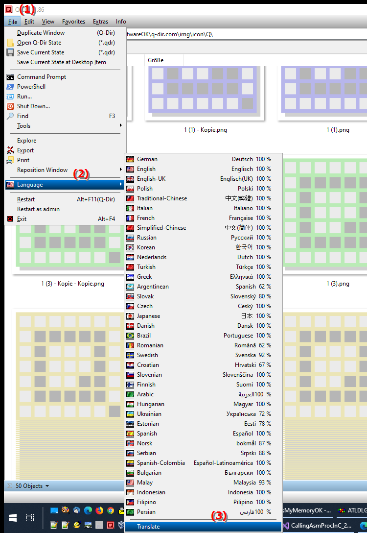 How do I activate the translation function in the Q Dir file manager